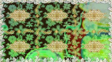 Yeşil renkte altın. Raster illüstrasyonu. Dekoratif simetri arabesk. Doğum günü kartı, davetiye ya da afiş için iyidir. Kusursuz ortaçağ çiçek desenleri..