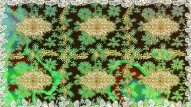 Tekrarlayan elementlerle kusursuz soyut arkaplan. Yeşil ve altın desenli. Zarif raster klasik desen.