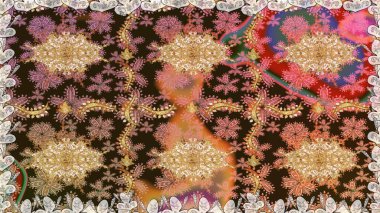 Raster illüstrasyonu. Dekoratif simetri arabesk. Kusursuz ortaçağ çiçek deseni. Kahverengi renklerde altın. Doğum günü, davetiye ya da afiş için tebrik kartı.