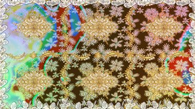 Raster oryantal süs. Kahverengi renklerde altın desenler ve altın elementler. Geleneksel klasik altın desen. Barok tarzında kusursuz bir doğulu süsü..