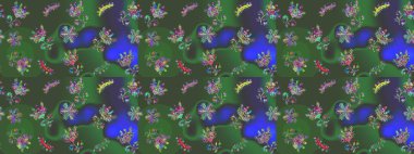 Kar tanelerinin soyut arkaplanı olan şirin bir Noel arkaplanı. Yeşil, mor ve mavi kar taneleri. Raster illüstrasyonu. Renkler. Noel ve Yeni Yıl moda baskıları için tatil tasarımı.