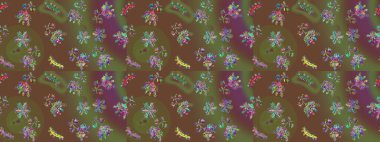 Sevimli çiçek raster deseni. Kahverengi, yeşil ve mor renkte çiçekler. Renkli Bahar Temalı Kusursuz Arkaplan. Düz Çiçek Elementleri Tasarımı.