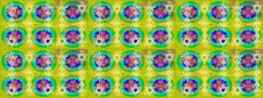 Parlak renkli çiçekleri ve sarı, yeşil ve mavi renkte yaprakları olan harika bir çiçek deseni. Moda baskıları için zarif bir şablon. Modern çiçek arkaplanı. Halk stili.