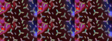 Renkler. Kar tanelerinin soyut arkaplanlı Noel şablonu. Raster illüstrasyonu. Kahverengi, kırmızı ve mor kar taneleri. Noel ve Yeni Yıl moda baskıları için tatil tasarımı.