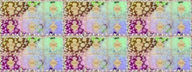 Doğum günü kartı, davetiye ya da afiş için iyidir. Dekoratif simetri arabesk. Raster illüstrasyonu. Tarafsız renklerde altın. Kusursuz ortaçağ çiçek desenleri..