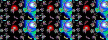 Kusursuz çiçek deseni. Raster illüstrasyonu. Siyah, mavi ve yeşil renklerde Asya tekstili.