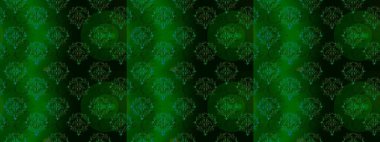 Çiçekli ipek eşarp. El çizimi çiçek unsurları olan soyut, dikişsiz raster deseni. 1950-1960 motifleri. Retro tekstil tasarım koleksiyonu. Yeşil, mavi ve siyah yeşil, mavi ve siyah.