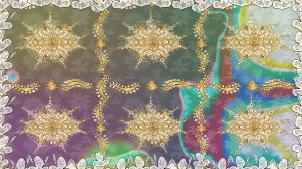 Kart, duvar kağıdı, ambalaj ve tekstil için klasik tasarım. Altın şablon. Klasik çiçek dokusu. Kusursuz desenli altın elementler. Raster illüstrasyonu. Tarafsız renklerde Royal retro.