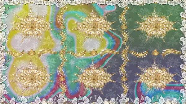 El yapımı dekoratif çerçeve, albüm kapağı, tebrik kartı, klasik Art deco tarzı. Raster soyut çiçek çelengi altın karalama fantezi yaprakları ve tarafsız renklerde çiçek.