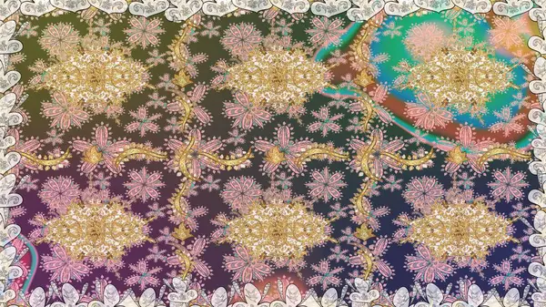 Kusursuz ortaçağ çiçek deseni. Raster illüstrasyonu. Dekoratif simetri arabesk. Doğum günü kartı, davetiye ya da afiş için iyidir. Tarafsız renklerde altın.