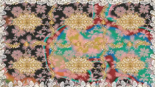 Paisleys zarif çiçek desenli dikdörtgen arka plan duvar kâğıdı illüstrasyonlu klasik stil, modern 3D çizgili sanat altın ve gri desenli çiçek yaprakları ve süslemeleri..