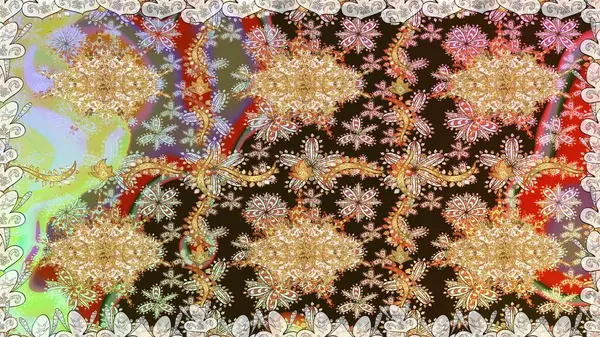 Kahverengi renklerde altın desenler ve altın elementler. Arkaplan, kumaş, altın duvar kağıdı. Düz elle çizilmiş klasik koleksiyon. Raster altın pürüzsüz desen.