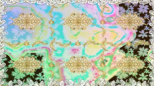 Kusursuz damaske klasik altın desen. Tarafsız renklerde altın rengi ve altın elementler üzerinde altın pürüzsüz desen. Raster illüstrasyonu. Tekrarlayan ögelerle soyut arkaplan Raster.