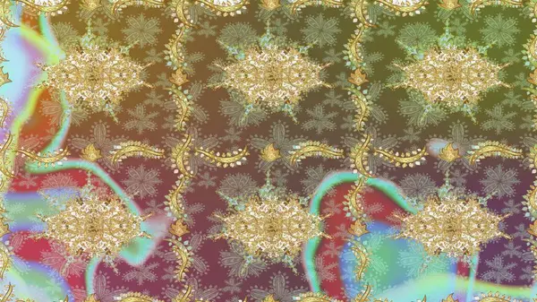 Kusursuz damaske klasik altın desen. Tekrarlayan elementlerle soyut arkaplan oluşturun. Raster illüstrasyonu. Tarafsız renklerde altın desenli altın elementler.