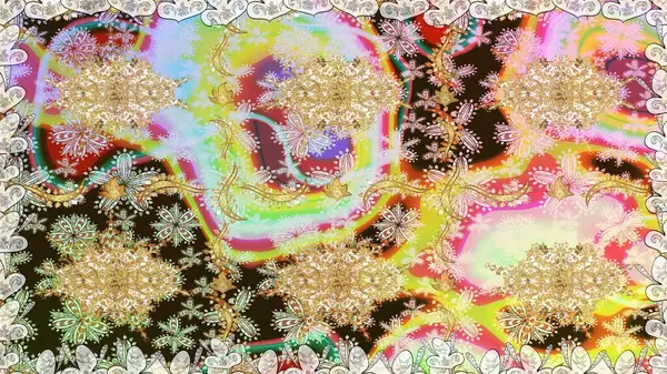 Kusursuz kraliyet lüksü, altın barok kumaş rengi. Altın antika ortaçağ dekoratifi, yapraklar ve tarafsız renklerde altın desenli süslemeleri olan pürüzsüz bir desen..