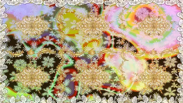 Kusursuz ortaçağ çiçek deseni. Tarafsız renklerde altın. Doğum günü kartı, davetiye ya da afiş için iyidir. Dekoratif simetri arabesk. Raster illüstrasyonu.