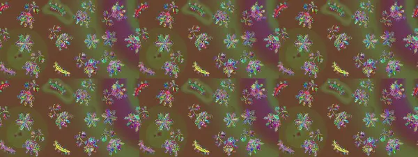 Sevimli çiçek raster deseni. Kahverengi, yeşil ve mor renkte çiçekler. Renkli Bahar Temalı Kusursuz Arkaplan. Düz Çiçek Elementleri Tasarımı.