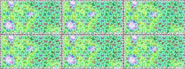 Yeşil arka planda güzel renkli kelebekler. Çocuk kelebeklerin pürüzsüz deseni. Raster Moda Kelebekleri Çocuk Duvar Kağıdı.