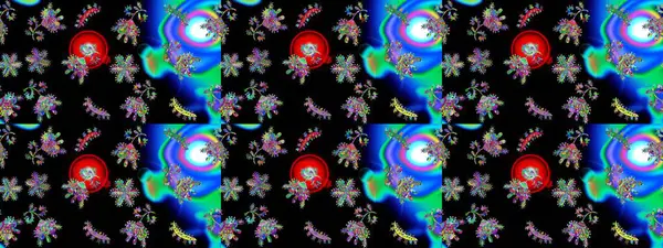 Kusursuz çiçek deseni. Raster illüstrasyonu. Siyah, mavi ve yeşil renklerde Asya tekstili.