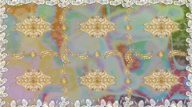 Süslü raster dekorasyonu. Klasik barok çiçekli, nötr yerine altın desenli. Tarafsız renklerde altın element. Lüks, kraliyet ve Viktorya dönemi konsepti.