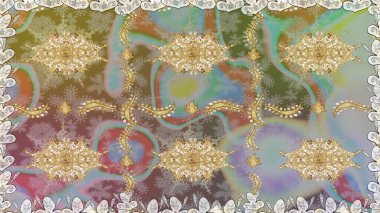 Raster illüstrasyonu. Tarafsız renklerde altın rengi ve altın elementler üzerinde altın pürüzsüz desen. Kusursuz damaske klasik altın desen. Tekrarlayan ögelerle soyut arkaplan Raster.