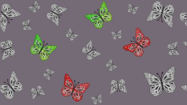 Gri renkli illüstrasyon. Kelebekli çizim şekli. Raster. Tekstil, kumaş, baskı ve davet için arkaplan.