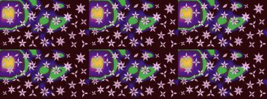 Kumaş, tekstil, duvar kağıdı baskısı için. Raster illüstrasyonu. Renkli desenli eskiz deseni, kahverengi çiçekler ve dekoratif elementlerle. Eskiz geçmişi. Antika retro tarzı.