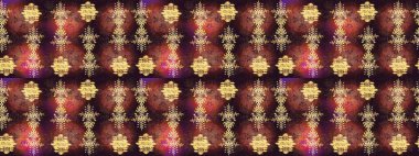 Kar tanelerinin soyut arkaplanlı Noel şablonu. Noel ve yeni yıl moda baskıları için tatil tasarımı. Raster illüstrasyonu. Kahverengi, sarı ve mor renkler.