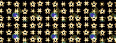 Yüzey için tekrarlanan doku, ambalaj kağıdı, siyah, sarı ve kahverengi renkli kar tanesi. Kış kar taneleri, raster arka plan.