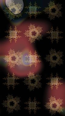 Renkler. Noel ve yeni yıl moda baskıları için tatil tasarımı. Siyah, kahverengi ve gri kar taneleri. Kar tanelerinin soyut arkaplanlı Noel şablonu. Raster illüstrasyonu.