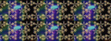 Kar tanelerinin soyut arkaplanlı Noel şablonu. Mavi, siyah ve yeşil kar taneleri. Raster illüstrasyonu. Noel ve Yeni Yıl moda baskıları için tatil tasarımı.