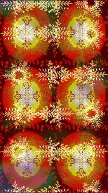 Raster illüstrasyonu. Renkli arka planda izole tatlı kar taneleri. Kar tanesi raster deseni. Kahverengi, kırmızı ve sarı renklerde kar taneleri.