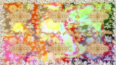 Senin tasarımın için, duvar kağıdı. Raster geometrik arka plan. Tarafsız renklerde altın çiçekli altın desenler. Altın rengi kusursuz illüstrasyon.