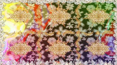 Tarafsız renkler üzerinde klasik oryantal desen. Geleneksel raster ve altın desen. Damask pürüzsüz süsü.