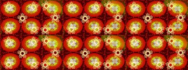 Damask çizimi tekrarlanıyor. Turuncu, kahverengi ve kırmızı renklerde altın element. Barok tarzında altın çiçekli süs. Antika altın tekrarlanabilir duvar kağıdı.