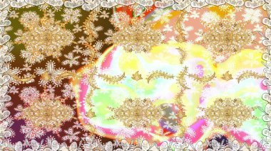 Damask arkaplanı. Altın çiçekli, pürüzsüz desen. Barok tarzında altın çiçekli süs. Bej renklerdeki altın element.