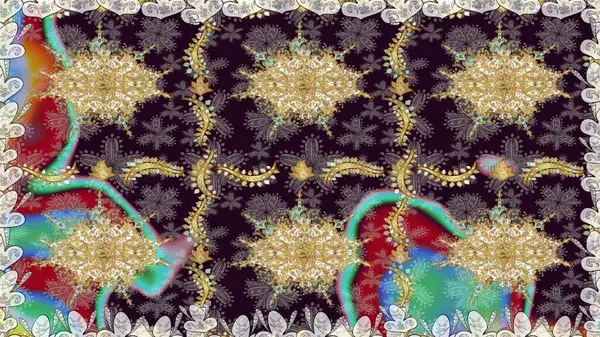 Kına dövmeli süs çiçekleri, altın çıkartmalar, mehndi ve yoga tasarımı, kartlar ve parmak izleri. Raster Golden Mehndi kusursuz desen. Kahverengi renkte desen.