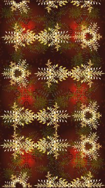 Raster illüstrasyonu. Noel ve yeni yıl moda baskıları için tatil tasarımı. Kar tanelerinin soyut arkaplanlı Noel şablonu. Kahverengi, kırmızı ve sarı kar taneleri.