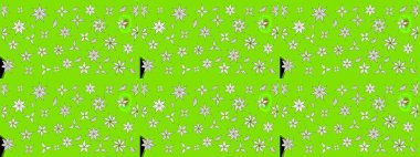 Çok yeşil zarif küçük çiçekler ve yeşil renkli komik böcekler, raster desen, illüstrasyon.