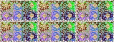 Kına dövmeli süs çiçekleri, altın çıkartmalar, mehndi ve yoga tasarımı, kartlar ve parmak izleri. Tarafsız renklerde desen. Raster altın mehndi kusursuz desen.