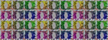 Oldukça eski bir besin torbası deseni, küçük yeşil renkte, çiçekler. Tekstil, kumaş, kapaklar, duvar kağıtları, baskı, naylon, yapıştırma, örgü, dekupaj için çiçeksiz arkaplan. Millefleurlar.