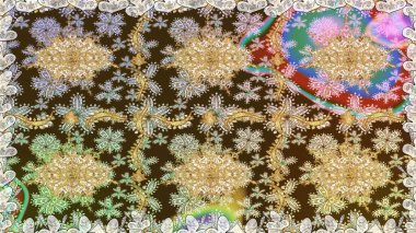 Raster illüstrasyonu. Süslü dekorasyon. Damask altın soyut çiçek kahverengi renklerde pürüzsüz desen.