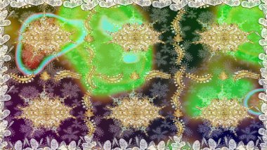 Kusursuz desenli oryantal süs. Çiçek kiremitleri. Raster altın tekstil baskısı. Altın elementlerle yeşil renklerde altın desen. İslam tasarımı.