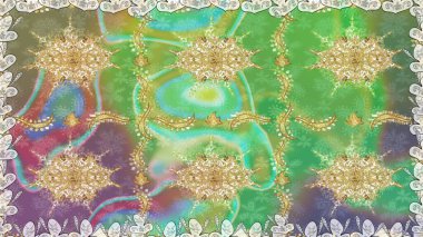 Yeşil renklerde, altın çiçekli altın desenli desen. Senin tasarımın için, duvar kağıdı. Raster geometrik arka plan. Altın rengi kusursuz illüstrasyon.