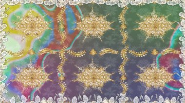 Kusursuz kraliyet lüksü, altın barok kumaş rengi. Altın antika ortaçağ dekoratifi, yapraklar ve tarafsız renklerde altın desenli süslemeleri olan pürüzsüz bir desen..