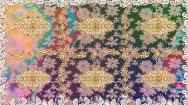 Duvar kâğıdı için altın süslü bir illüstrasyon. Çiçekli süslemeli, pürüzsüz bir desen. Tarafsız renkler üzerine geleneksel Arapça dekor. Süslü dantel iz sürücü. Doğu tarzında vintage tasarım ögesi.