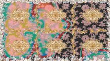 El yapımı dekoratif çerçeve, albüm kapağı, tebrik kartı, klasik Art deco tarzı. Altın karalama fantezi yapraklarından Raster soyut çiçek çelengi ve bej renkli bir çiçek.