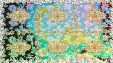 Kına dövmeli süs çiçekleri, altın çıkartmalar, mehndi ve yoga tasarımı, kartlar ve parmak izleri. Tarafsız renklerde desen. Raster altın mehndi kusursuz desen.