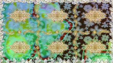 Altın antika ortaçağ dekoratifi yaprakları ve yeşil renklerde altın desenli süslemeleri olan pürüzsüz bir şablon. Kusursuz kraliyet lüksü, altın barok kumaş rengi..