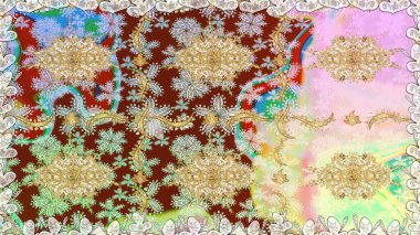 El yapımı dekoratif çerçeve, albüm kapağı, tebrik kartı, klasik Art deco tarzı. Raster soyut çiçek çelengi altın karalama fantezi yaprakları ve tarafsız renklerde çiçek.